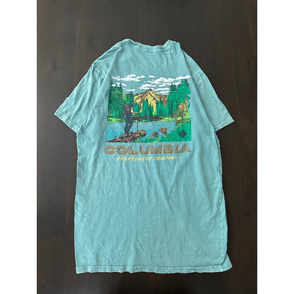 Columbia Sportswear Mens Graphic T-Shirt Teal Hiker Mountain Scene Size M